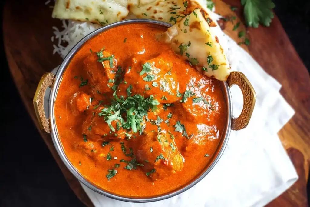 An overhead shot of a delicious bowl of chicken tikka masala, garnished with cilantro and served with fresh naan and rice.
