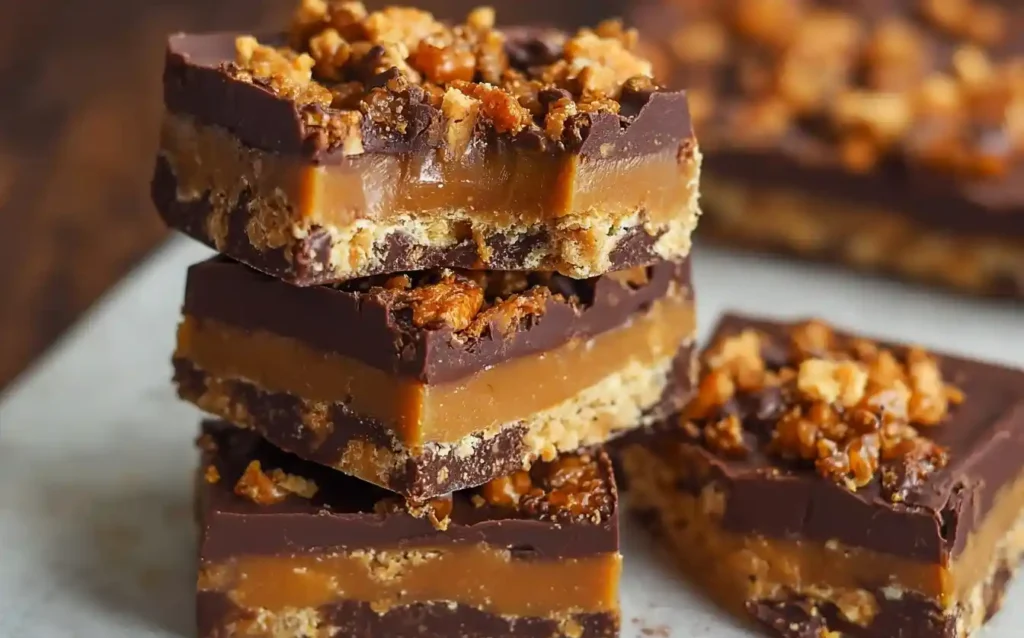 A close-up stack of homemade Chocolate Caramel Crunch Bars, with layers of crust, gooey caramel, and a chocolate topping.