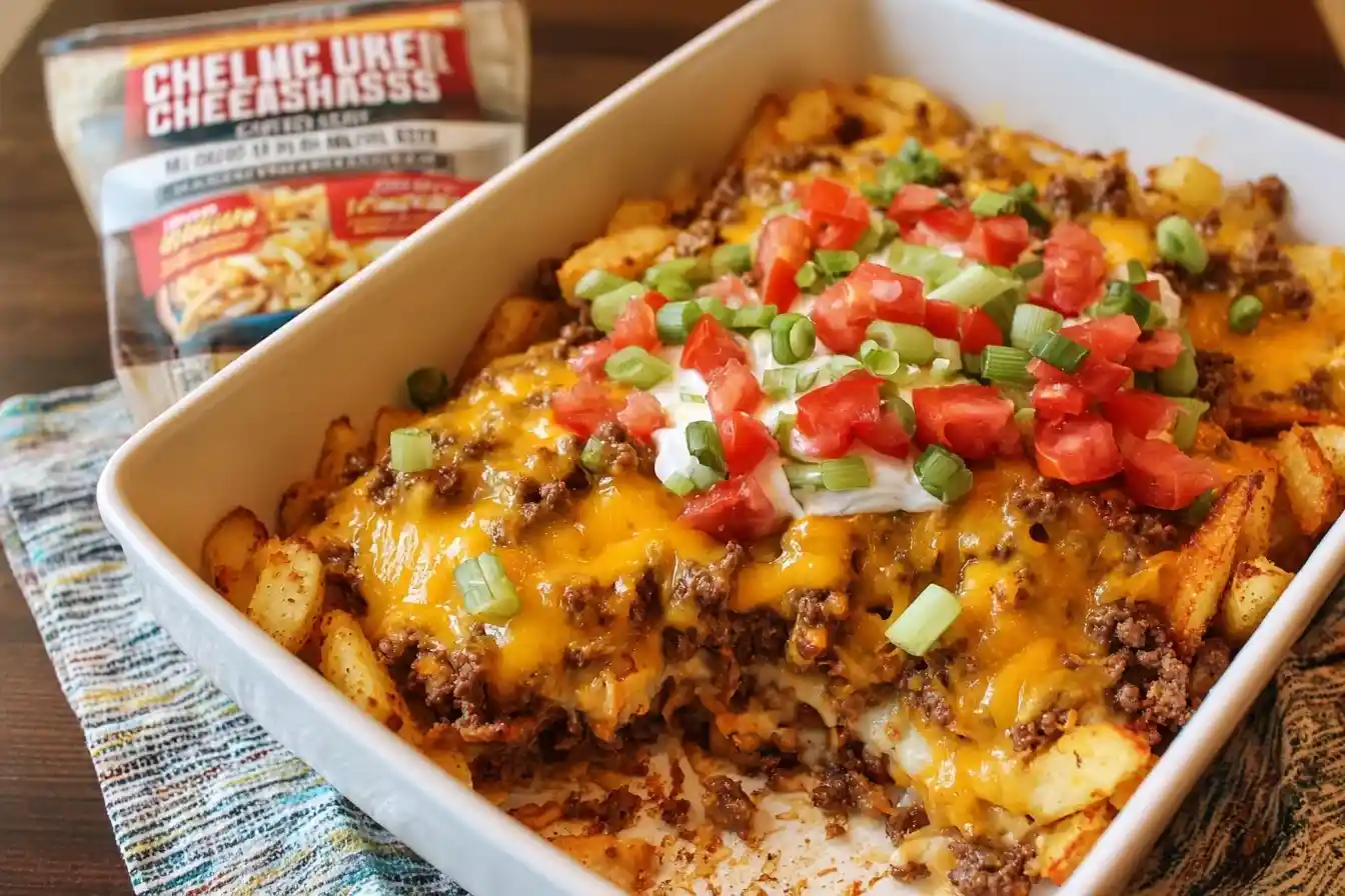 A white casserole dish filled with a Cheesy Beef and Potato Casserole, topped with sour cream, tomatoes, and green onions.