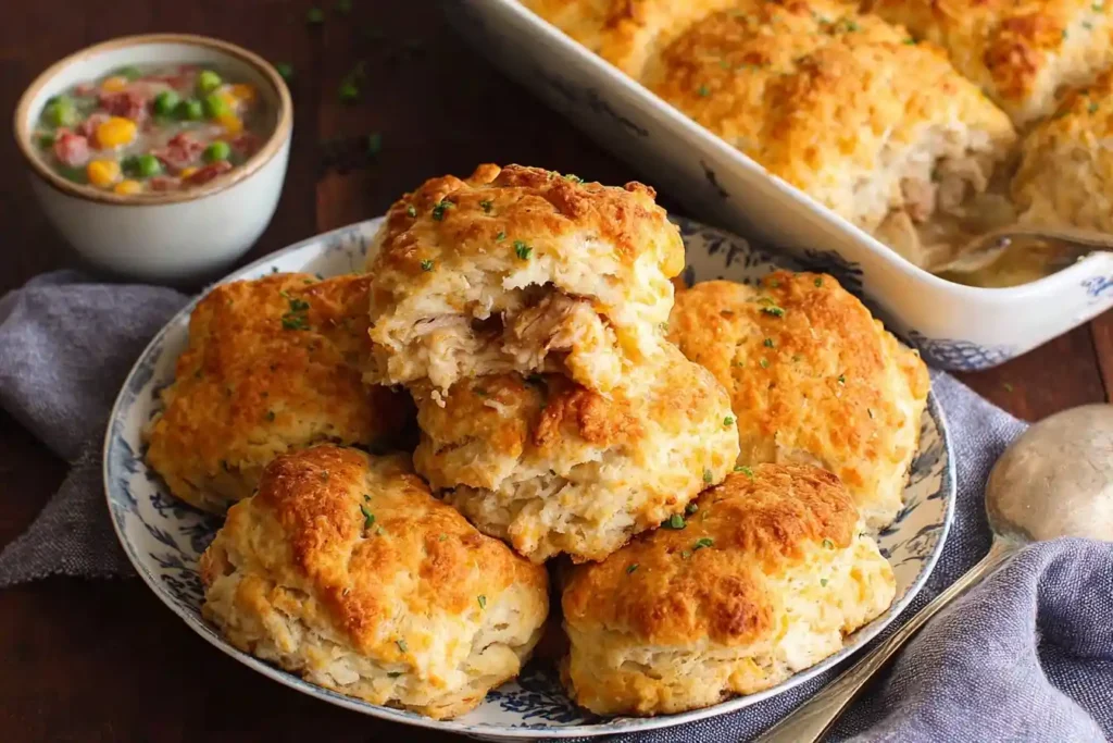 A plate of homemade chicken pot pie with biscuits, showing the flaky, golden topping and creamy filling with a casserole dish behind it.