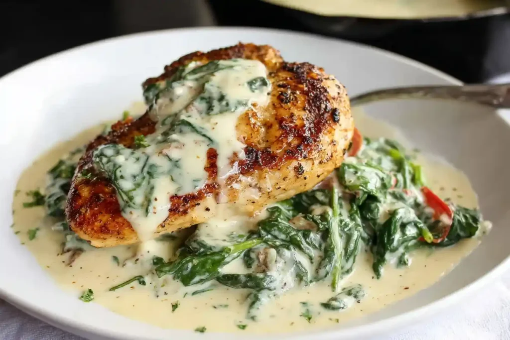A golden-seared chicken breast smothered in a rich, creamy spinach sauce, showing a delicious plate of Creamy Tuscan Chicken.