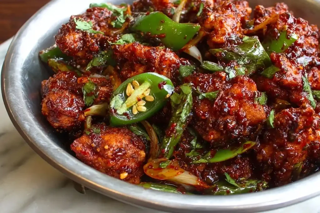 A close-up of spicy Chilli Chicken in a metal bowl, garnished with fresh green bell peppers, sliced jalapeños, and cilantro.