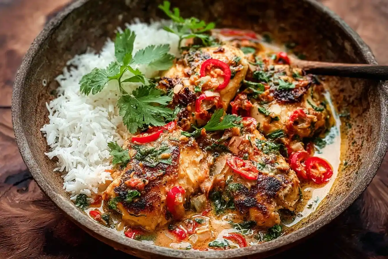 A rustic bowl of Creamy Tuscan Chicken served with fluffy white rice, garnished with fresh cilantro and sliced red chilies.