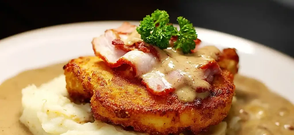 A plate of golden Country Fried Pork Chops on a bed of mashed potatoes, topped with crispy bacon and savory gravy.