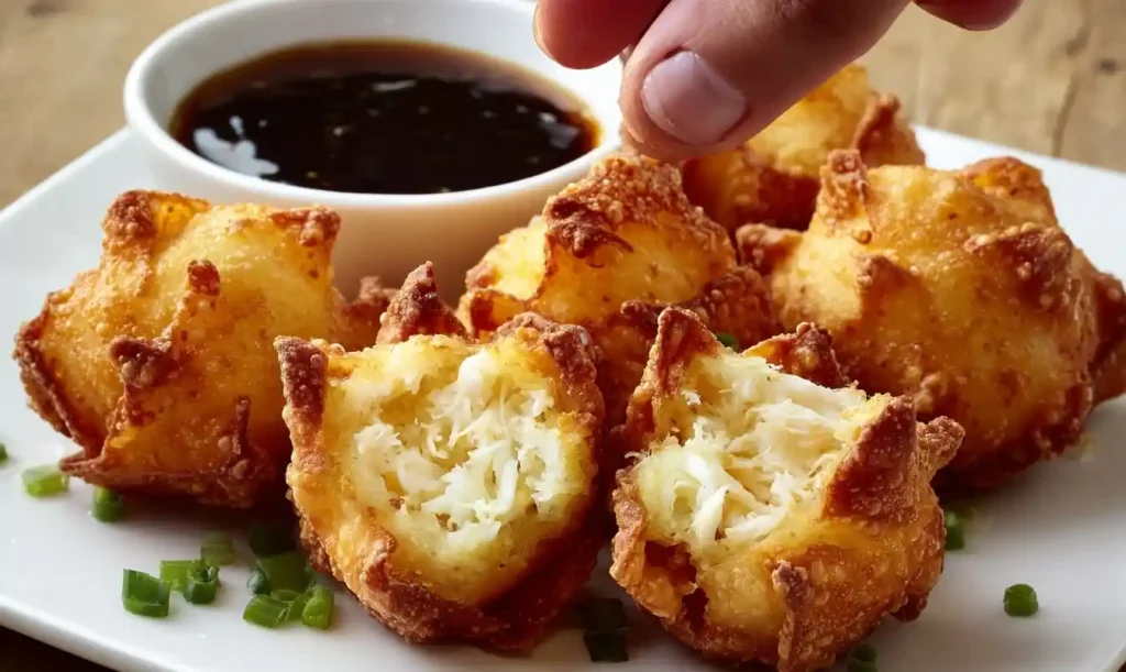A plate of golden-fried Crab Rangoon Bombs with one split open to reveal the creamy crab filling, served with a dark dipping sauce.