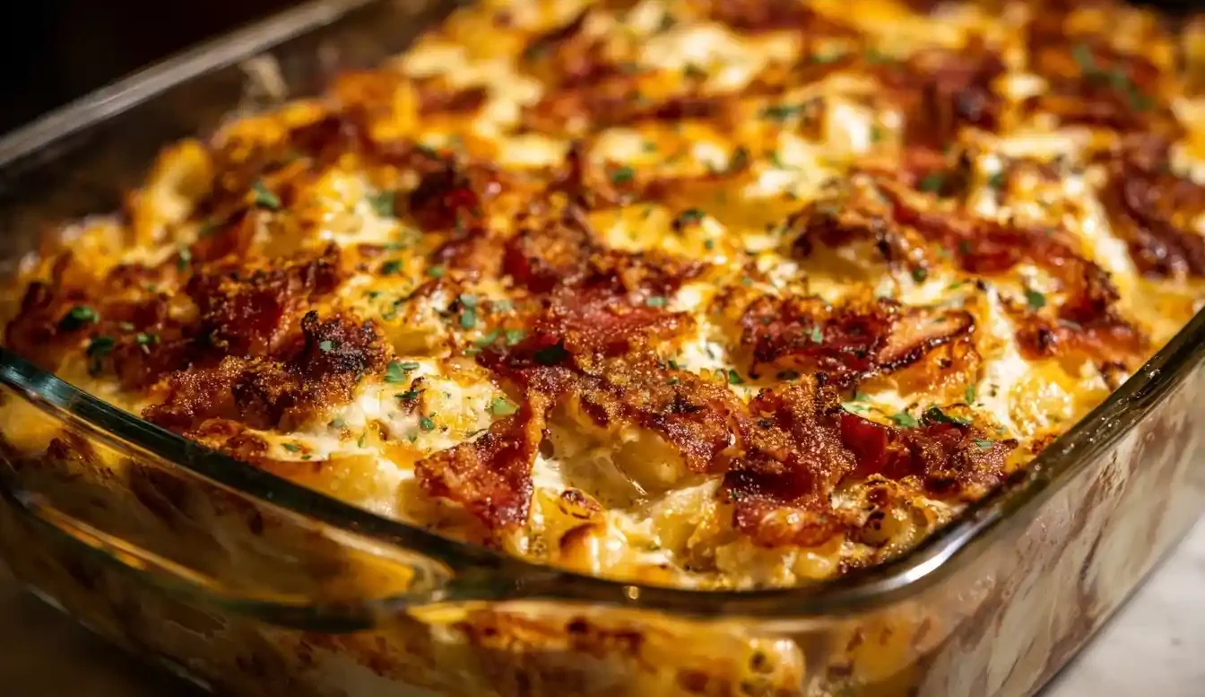 A close-up of a cheesy Crack Chicken Casserole baked in a glass dish, topped with crispy bacon and fresh parsley.