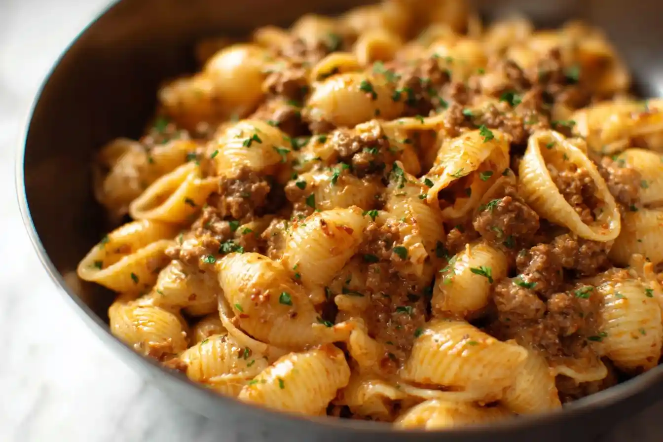 A close-up shot of a dark bowl filled with creamy beef and shells pasta, garnished with fresh parsley.