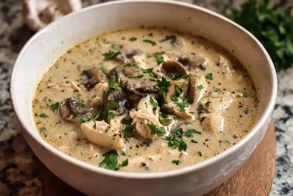 A white bowl filled with creamy chicken mushroom soup, garnished with fresh parsley on a granite countertop.