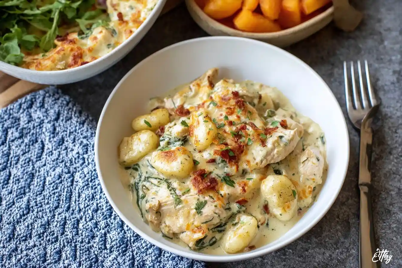 A serving of creamy Chicken Gnocchi Bake in a white bowl, featuring tender chicken, spinach, and a crispy bacon topping.