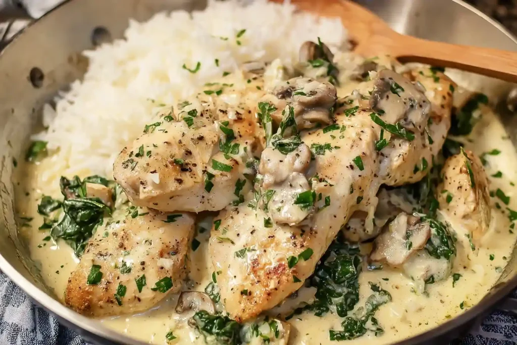 A skillet of delicious Creamy Mushroom Chicken with spinach, served alongside a scoop of fluffy white rice.