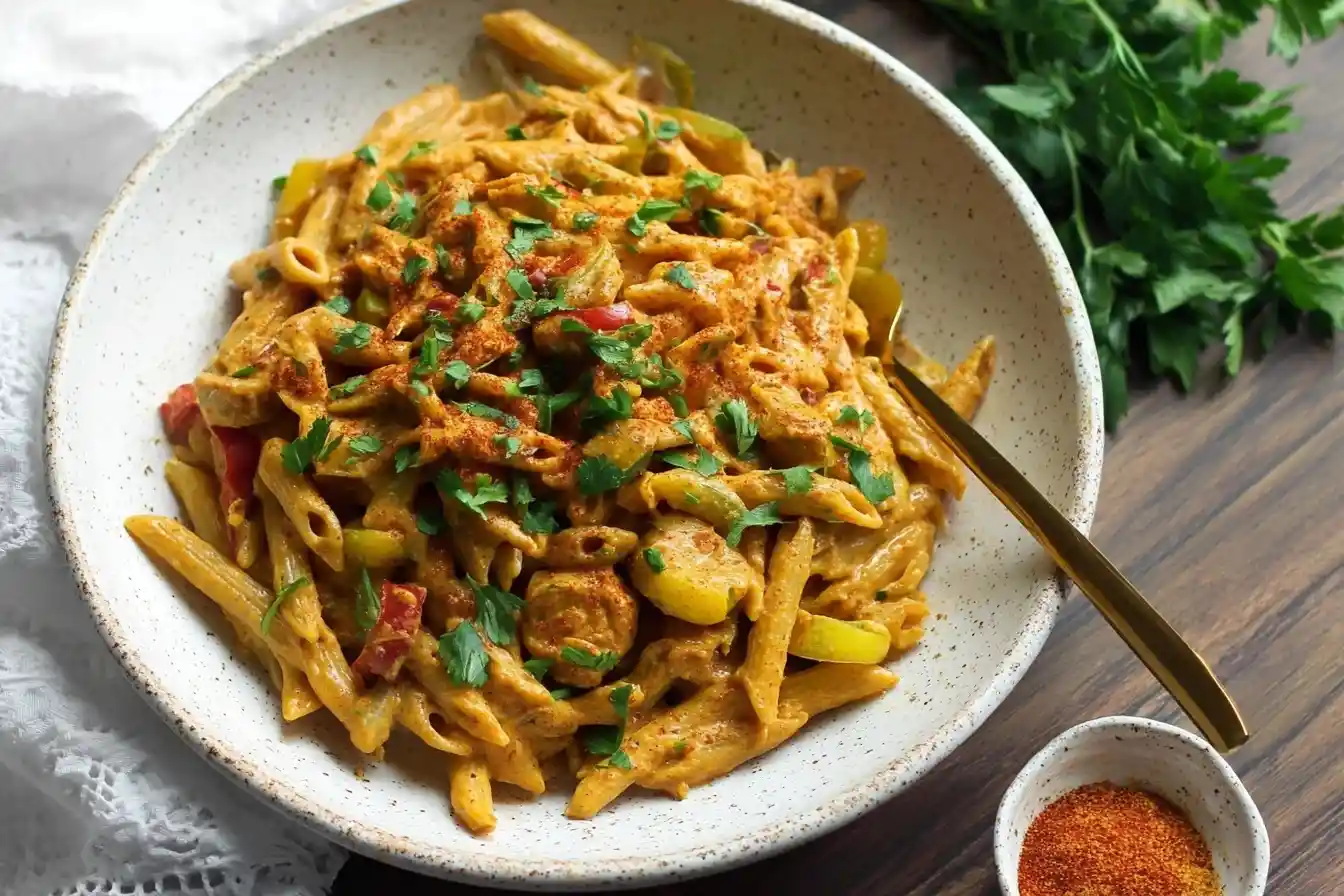 A large ceramic bowl filled with creamy Cajun Sausage Pasta, mixed with bell peppers and garnished with fresh parsley.