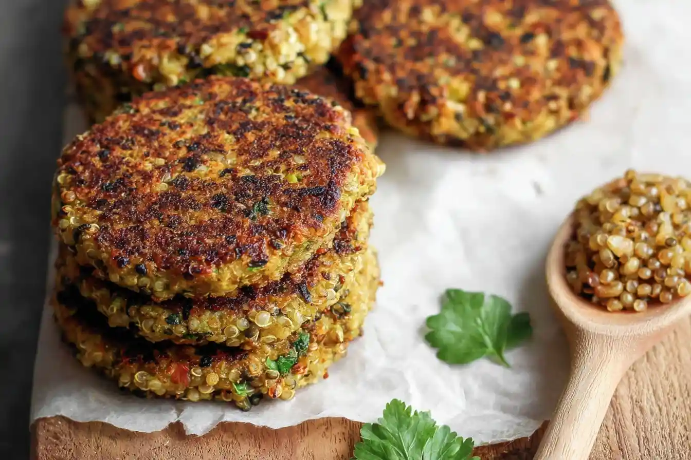 A stack of golden-brown, pan-fried quinoa patties on parchment paper with a spoon of quinoa and fresh parsley.