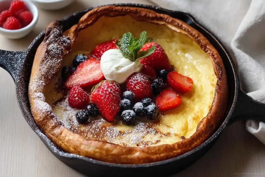 A golden-brown Dutch Baby Pancake in a cast iron skillet, topped with fresh berries, cream, and powdered sugar.