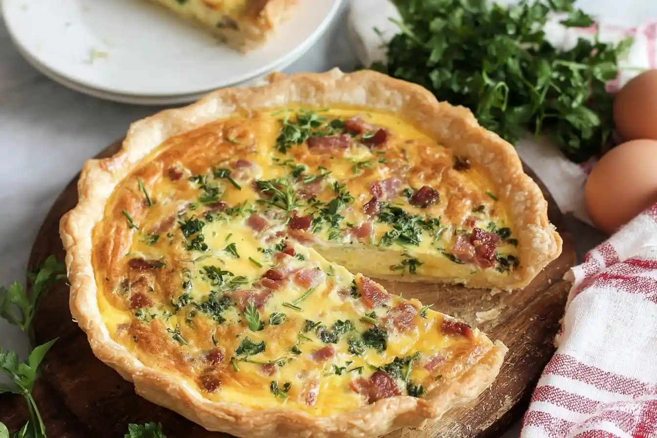 A homemade Quiche Lorraine with a golden, flaky crust and a slice cut out, showing the rich bacon and egg filling.