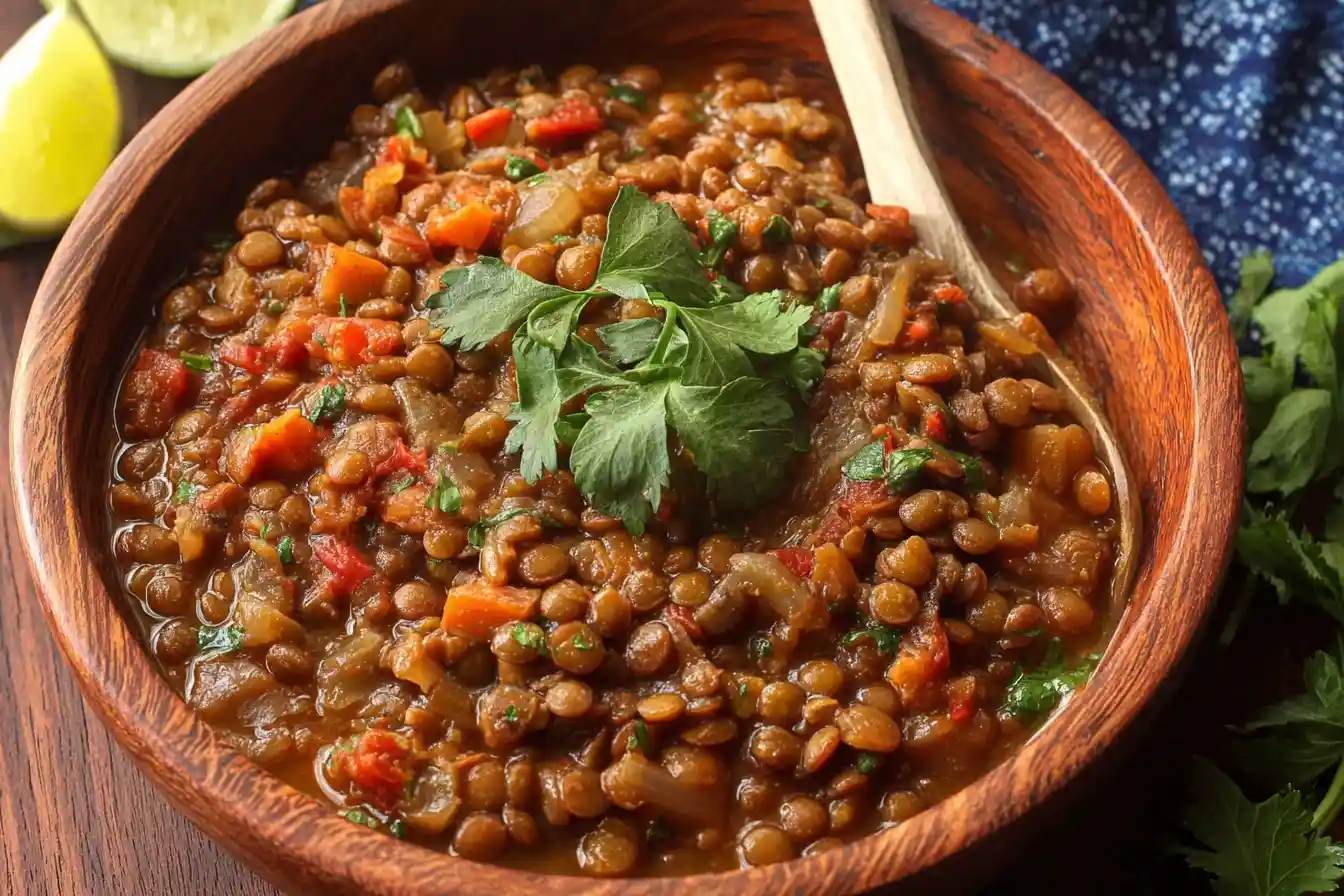 A close-up of a rustic wooden bowl filled with a hearty Lentil Stew, garnished with fresh parsley and ready to eat.