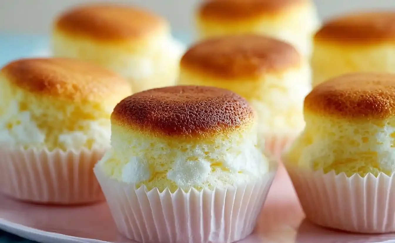 A close-up of delicious Fluffy Cheesecake Cupcakes with golden-brown tops, served on a light pink plate.