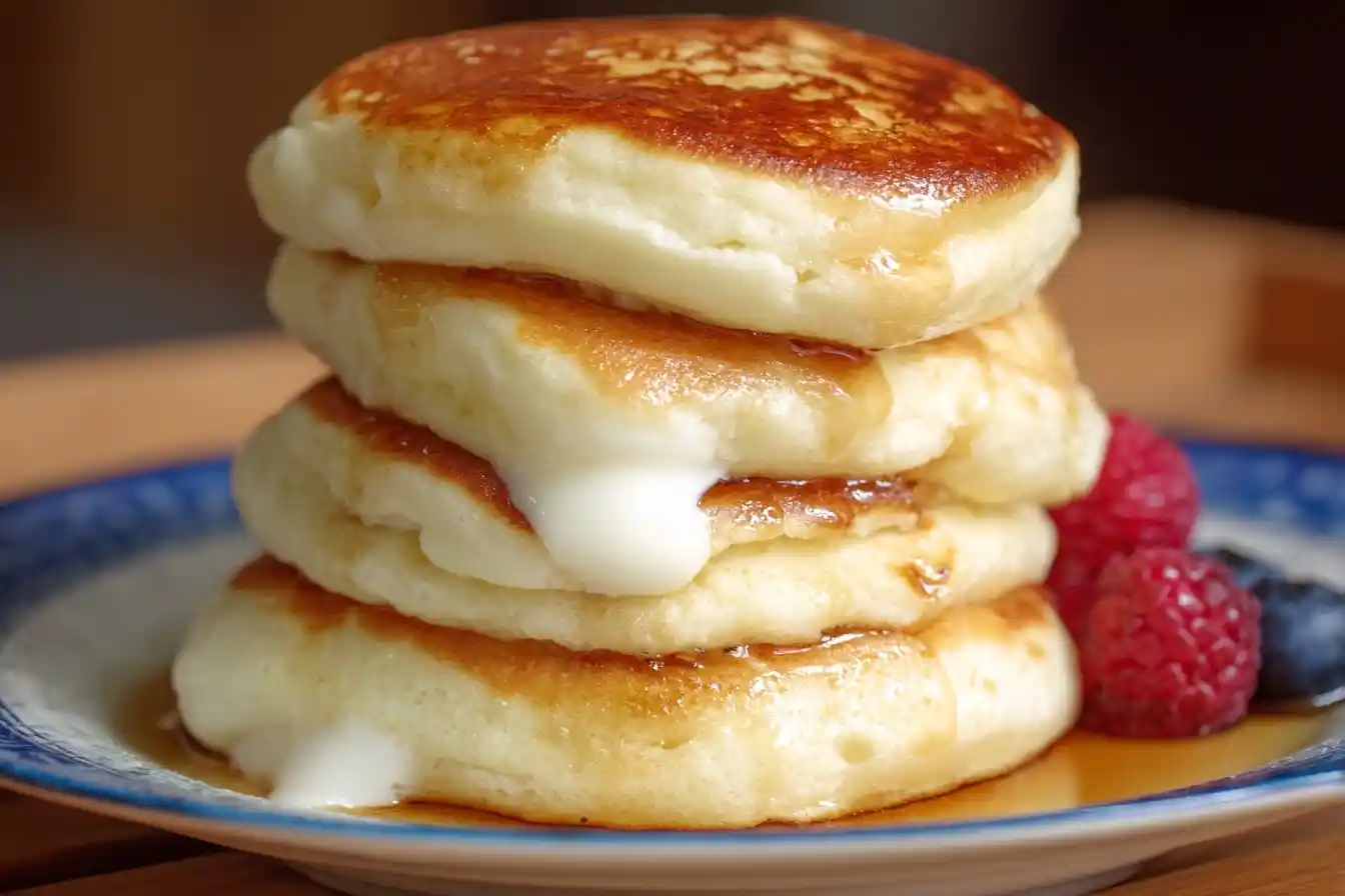 A close-up shot of a golden-brown stack of four fluffy ricotta pancakes drizzled with syrup and served with fresh berries.