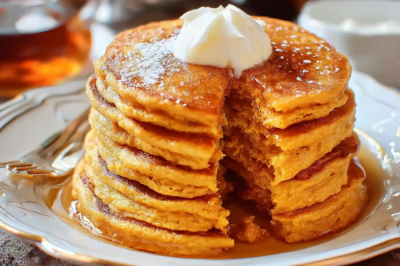 A tall stack of fluffy pumpkin pancakes on a white plate, topped with whipped cream and syrup, with a slice taken out.