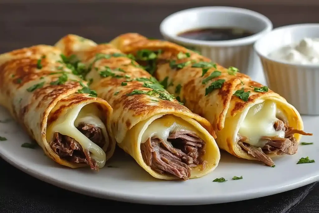 A close-up of three savory Beef Crepes filled with shredded meat and melted cheese, garnished with parsley on a white plate.