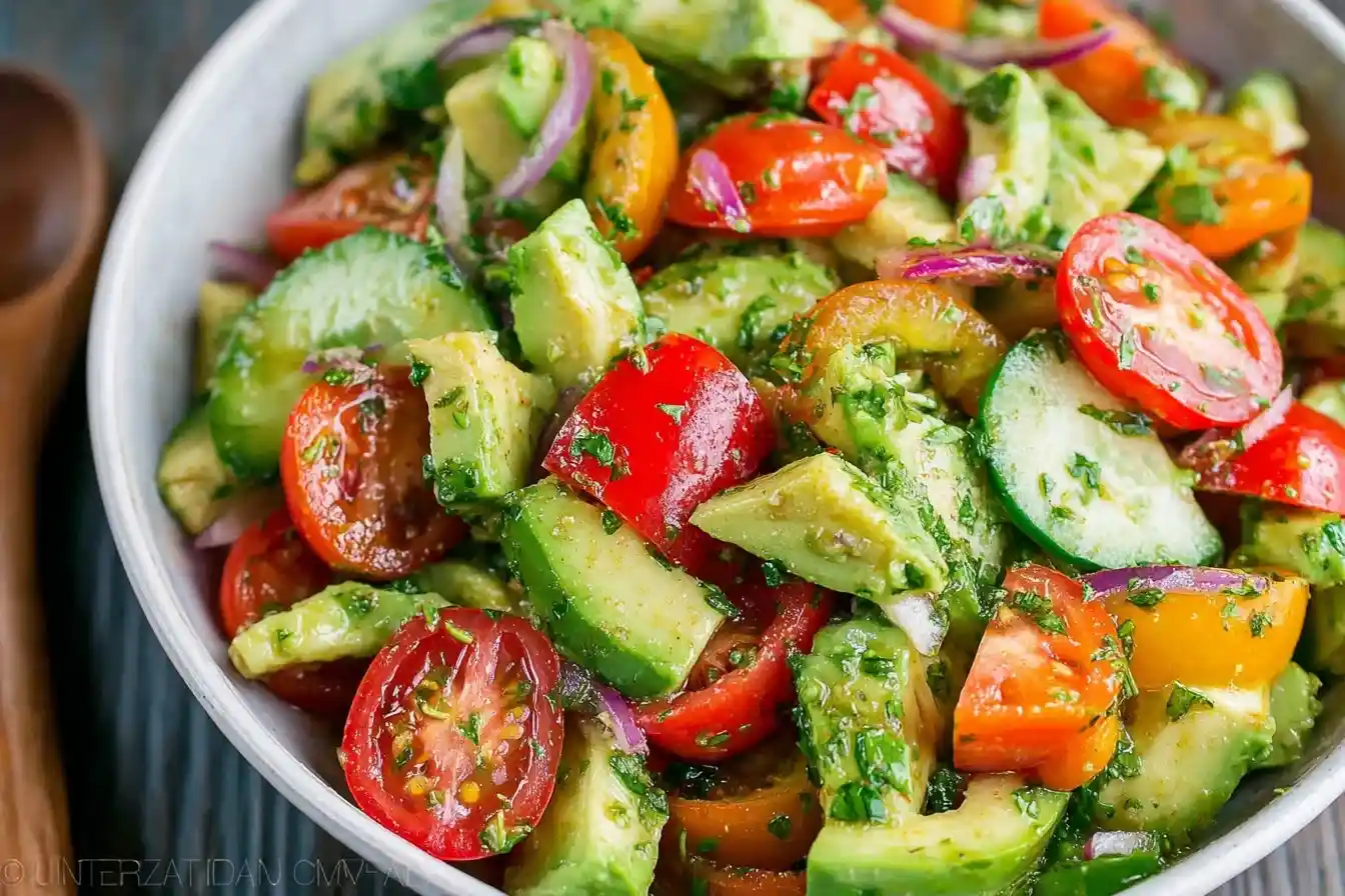 A close-up of a fresh Avocado Tomato Salad with cucumber and red onion tossed in an herb dressing in a white bowl.