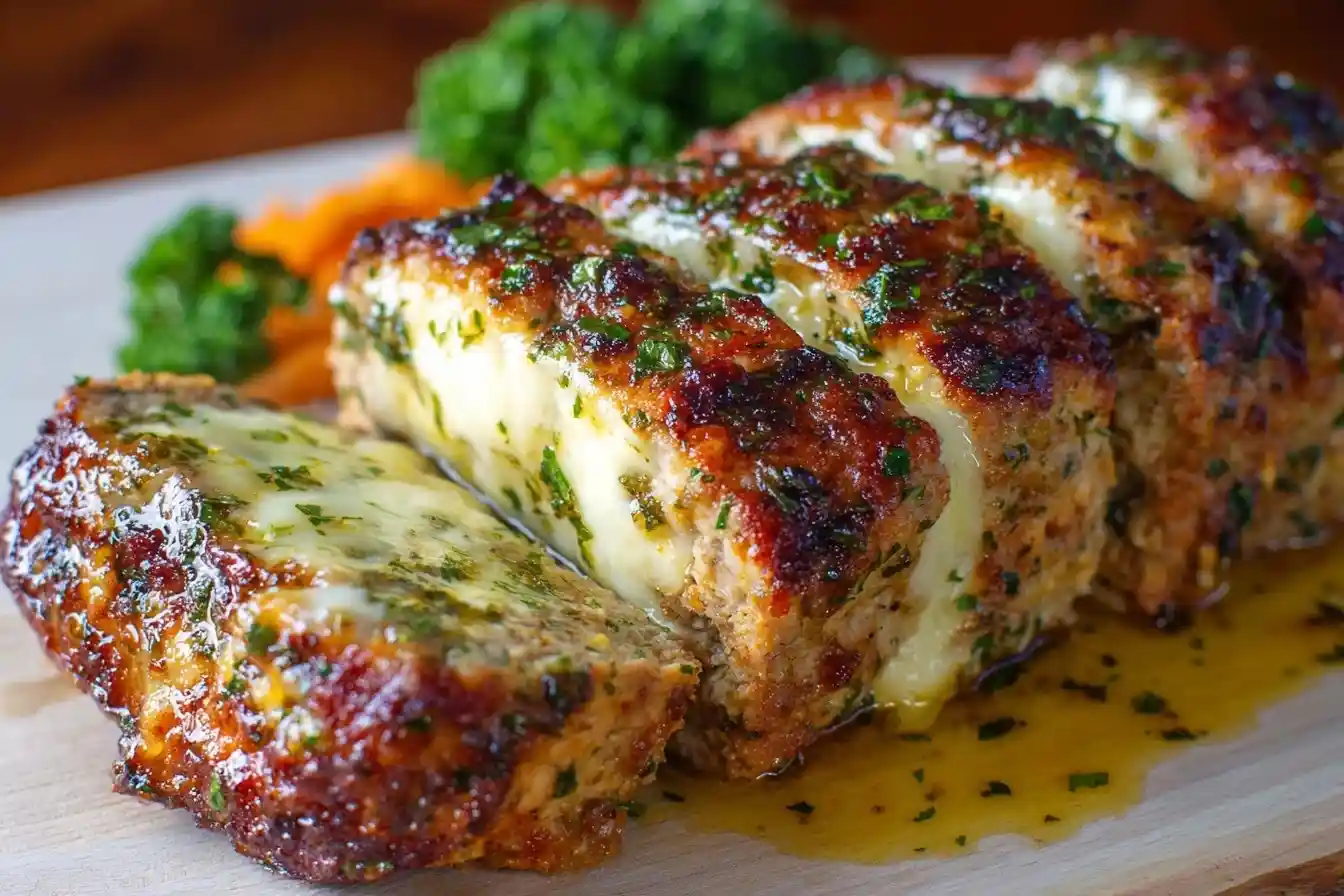A juicy, sliced cheese-stuffed meatloaf on a wooden board, glazed with a savory herb sauce showing the melted cheese inside.