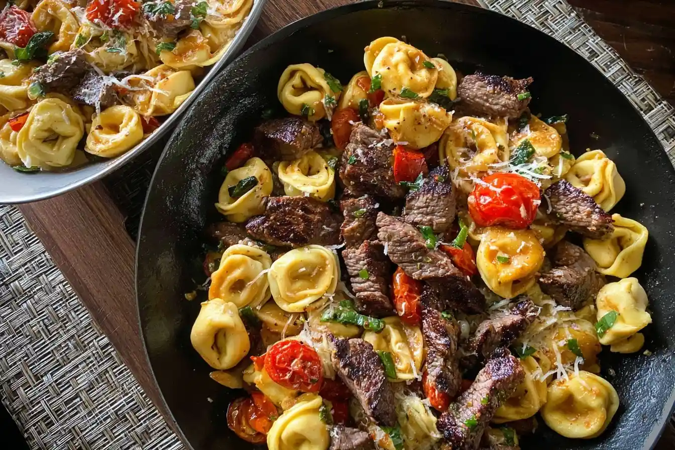 A close-up of a black skillet filled with steak and tortellini, blistered tomatoes, herbs, and topped with parmesan cheese.