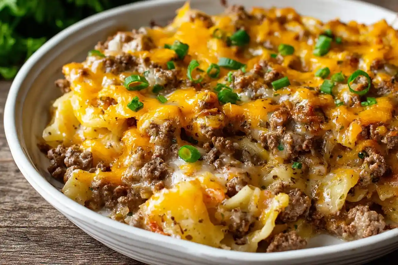 A close-up shot of a hearty Cheesy Beef Casserole in a white bowl, topped with melted cheddar and fresh green onions.