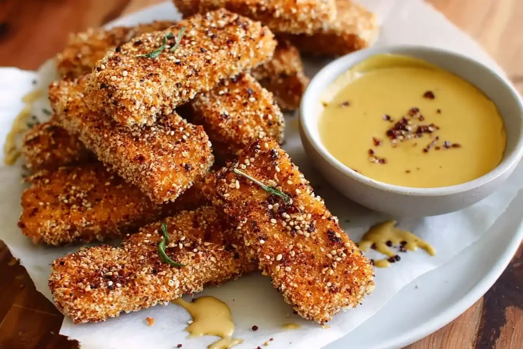 A plate of crispy baked tofu nuggets coated in breadcrumbs and seeds, served on parchment paper with a yellow dipping sauce.