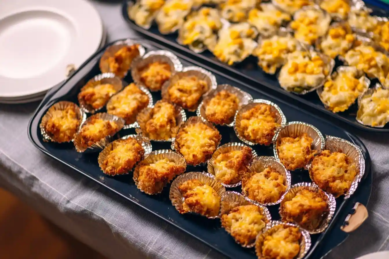 Two trays of freshly baked {{ $('Fetch Recipe Data').first().json["Main Keyword"] }} appetizers ready to be served at a party.