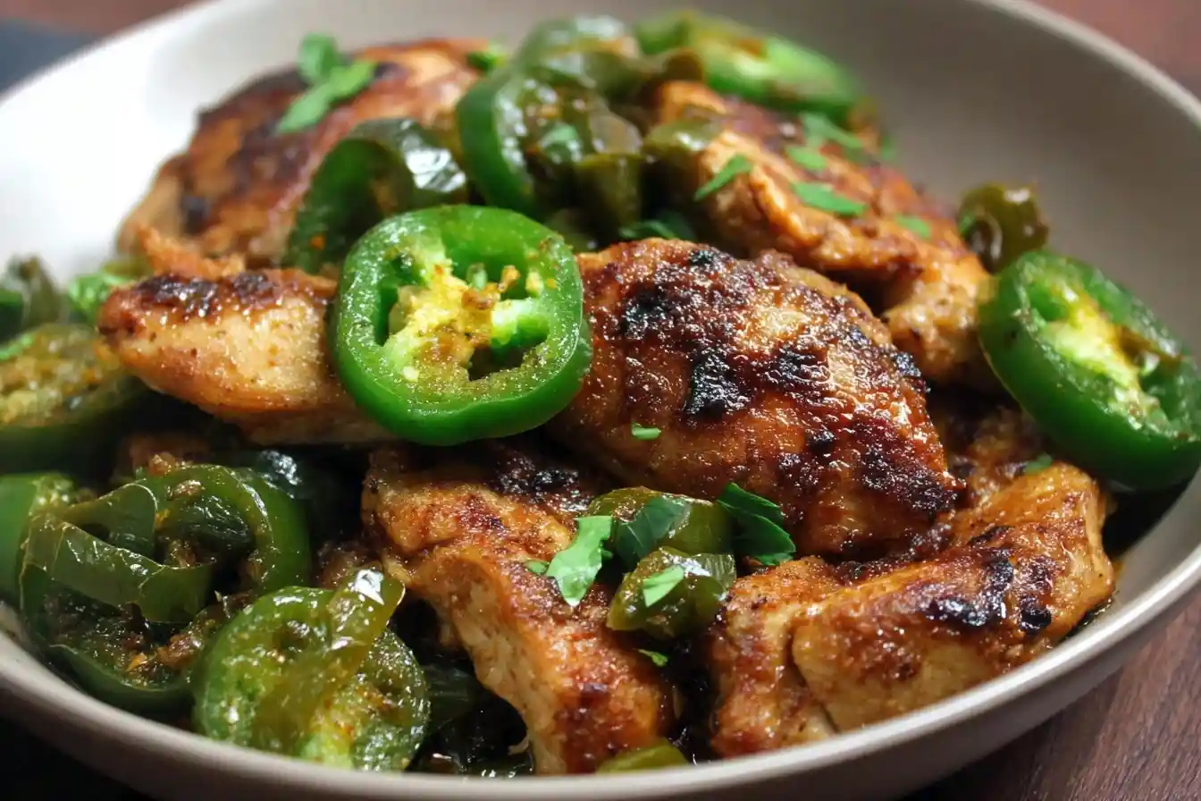 A close-up shot of a delicious bowl of pan-seared Jalapeño Chicken, topped with fresh sliced peppers and cilantro.