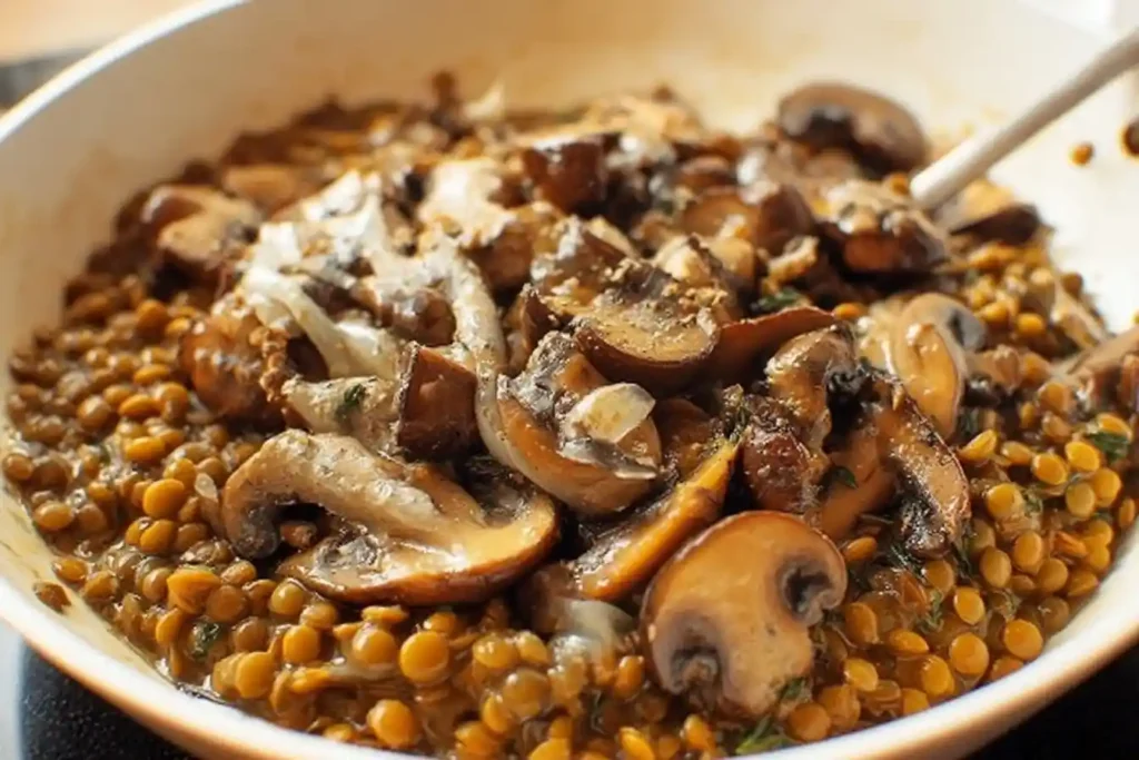 A close-up of a hearty mushroom lentil recipe featuring earthy sautéed mushrooms and tender lentils in a white pan.