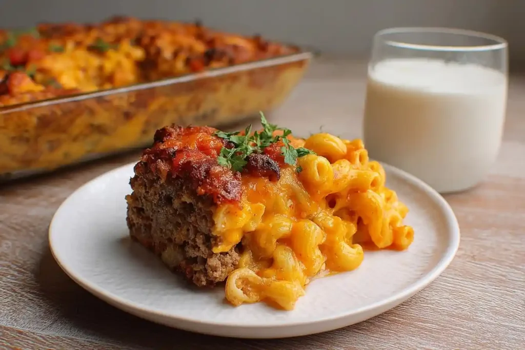 A slice of hearty meatloaf mac and cheese casserole on a white plate, served with a glass of milk in the background.