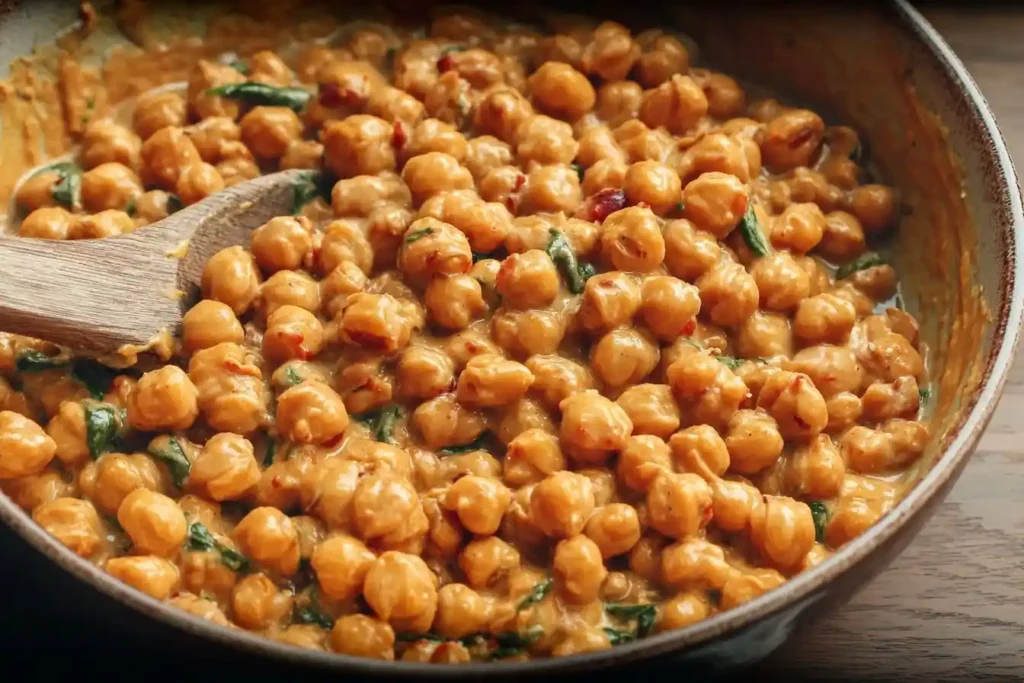 A close-up of a pan of creamy chickpea spinach curry being stirred with a wooden spoon, ready to be served.