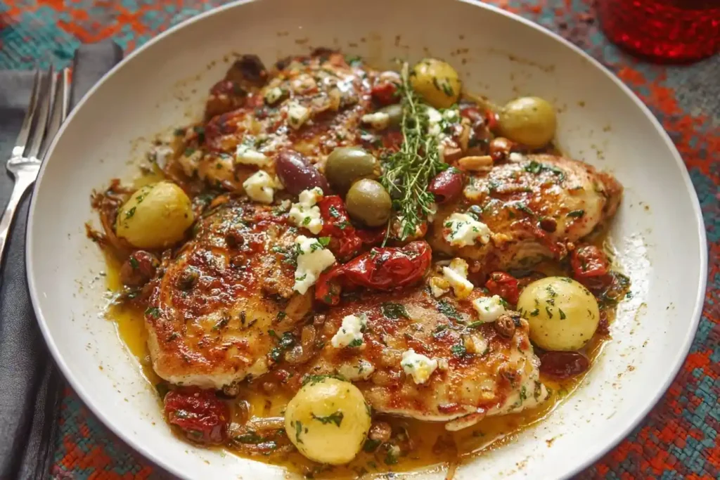 A white serving dish filled with Greek Chicken Bake, topped with feta cheese, olives, potatoes, and fresh thyme.