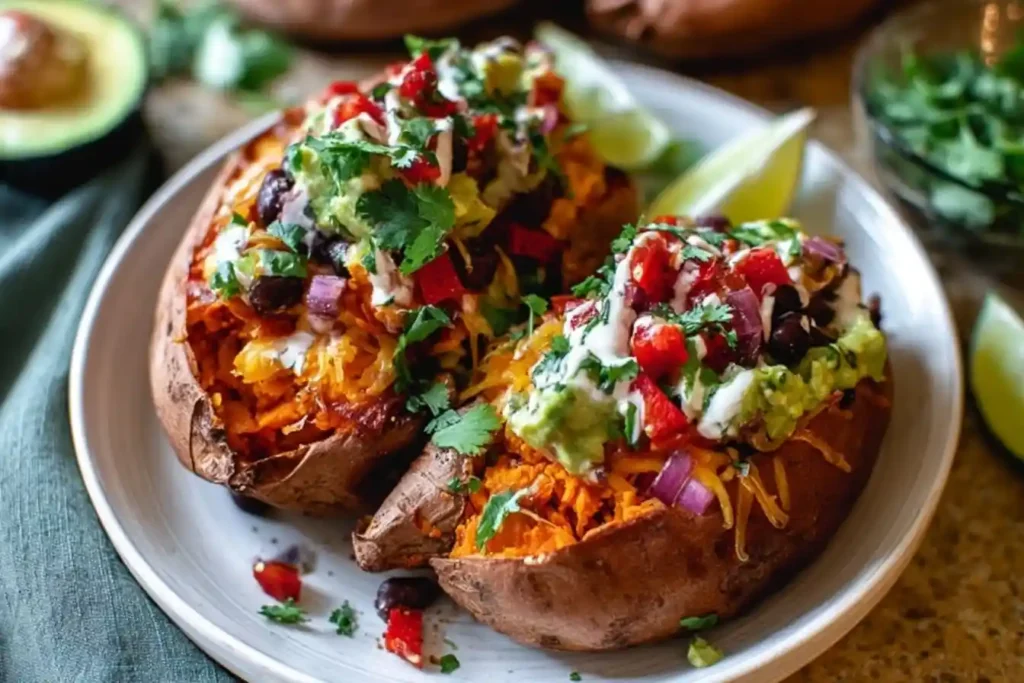 A plate of two loaded Stuffed Sweet Potatoes topped with black beans, guacamole, pico de gallo, and fresh cilantro.