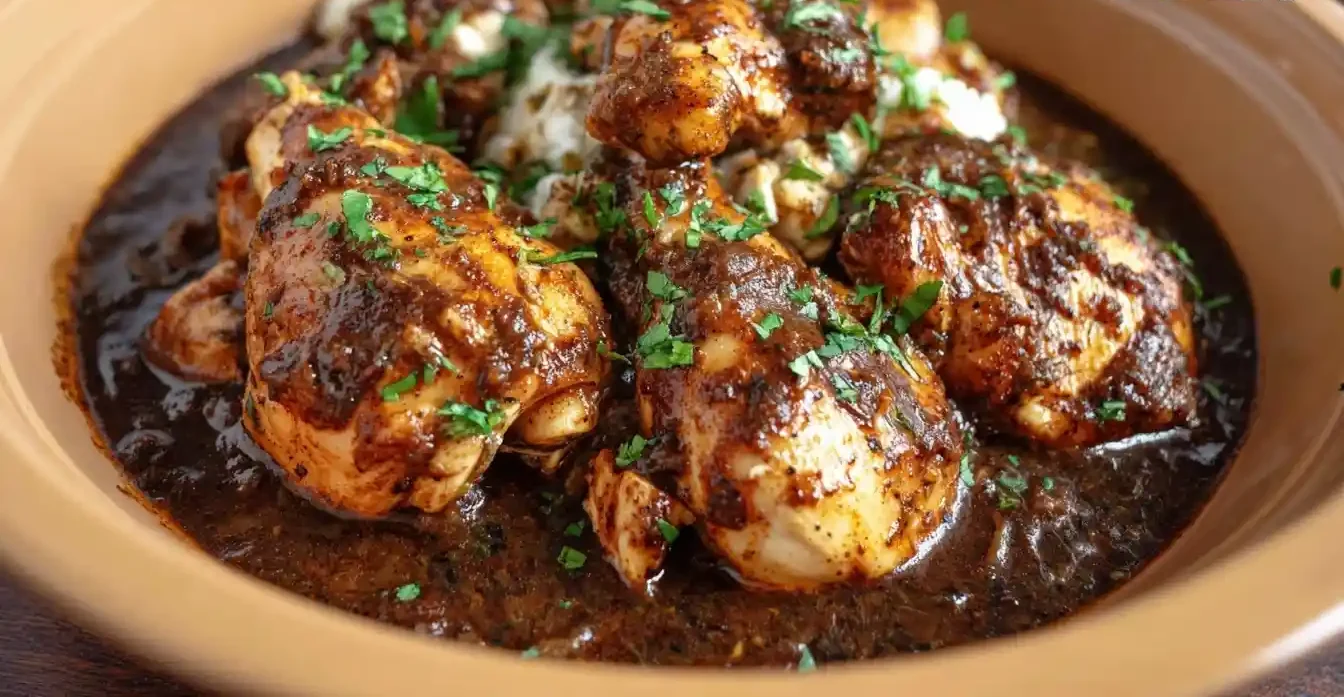 A close-up of a savory bowl of Misskit Chicken, featuring tender pieces coated in a rich, dark sauce and garnished with fresh herbs.