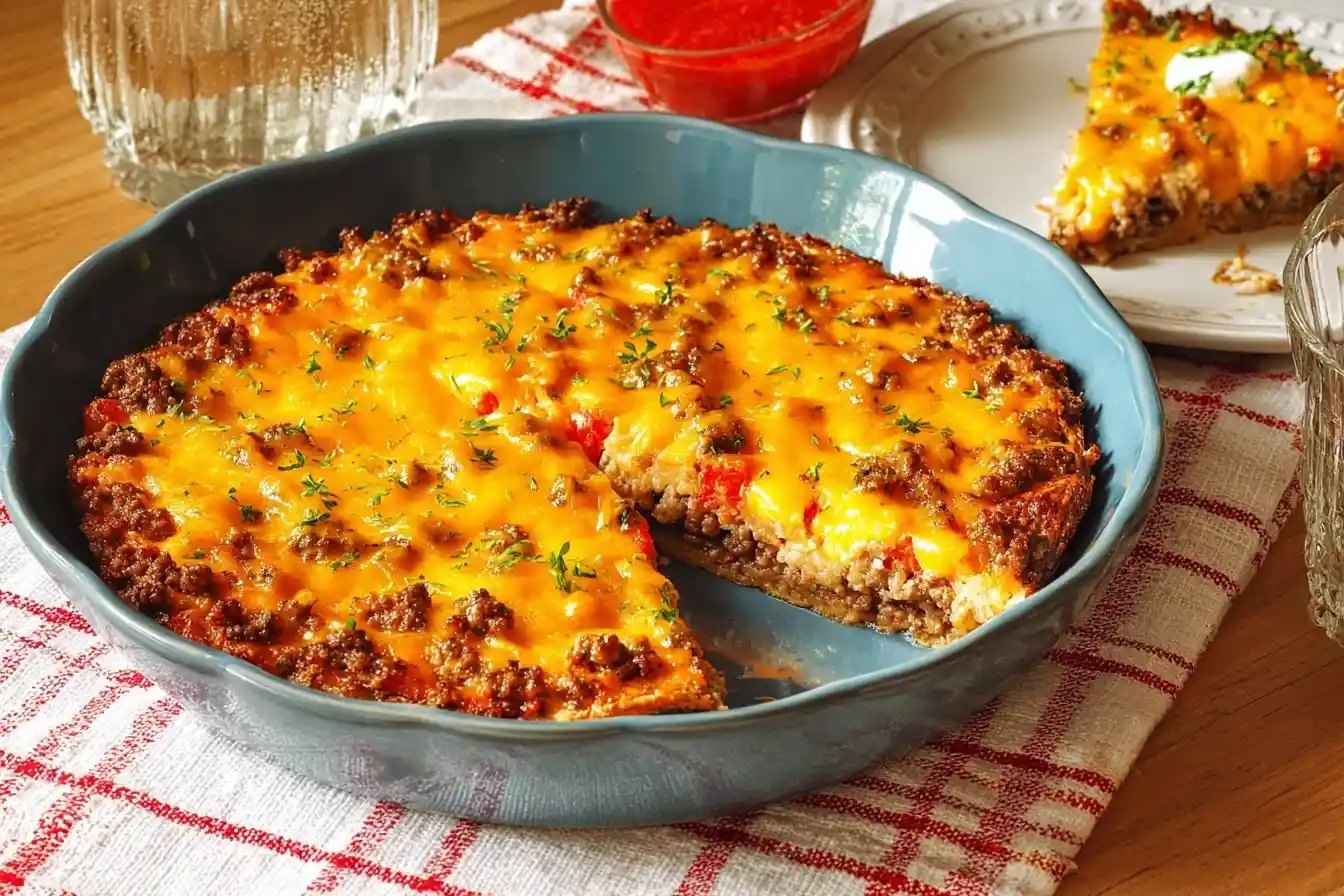 A golden-brown {{ $('Fetch Recipe Data').first().json["Main Keyword"] }} in a blue baking dish, topped with melted cheese and herbs, with a slice cut out.