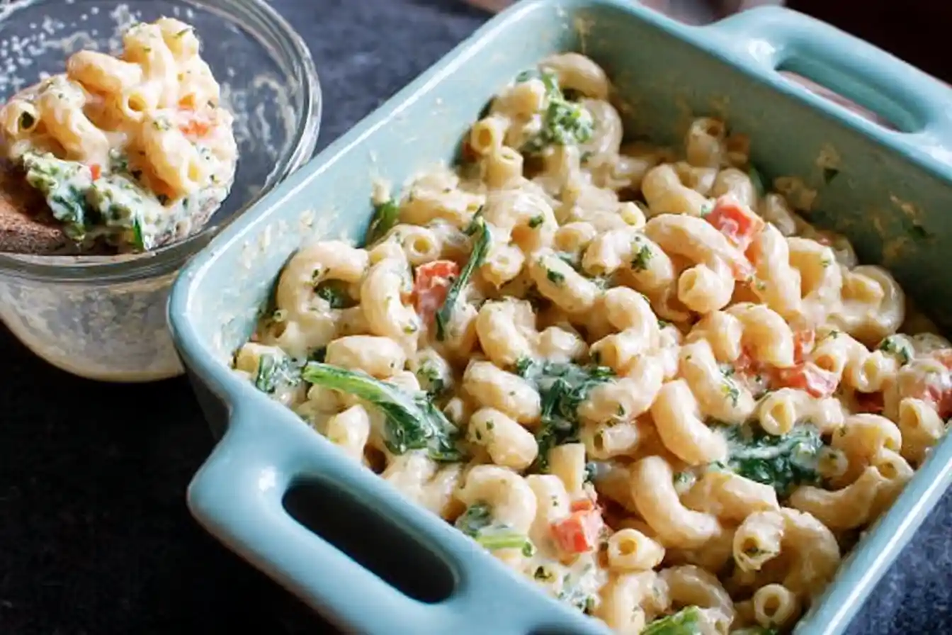 A light blue casserole dish filled with creamy veggie mac and cheese, featuring spinach and diced red peppers.