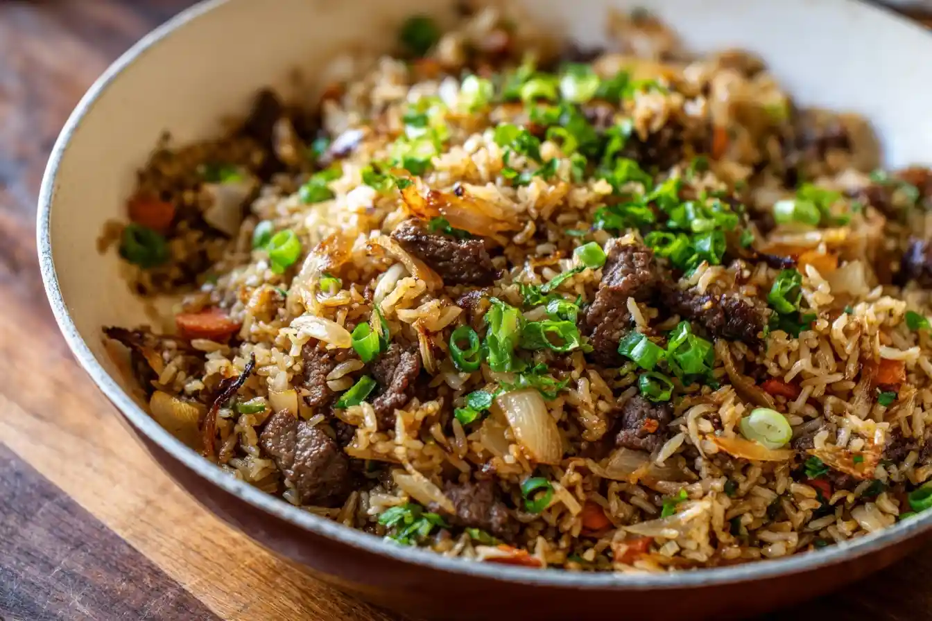 A close-up shot of a bowl of delicious beef fried rice, generously garnished with freshly chopped green onions.