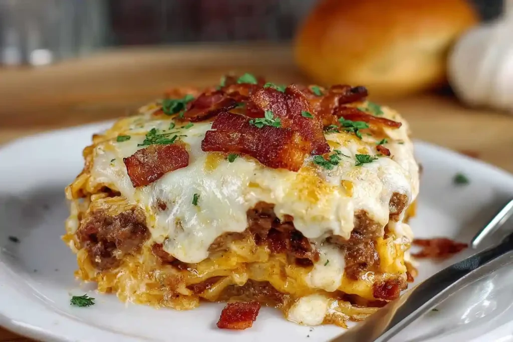 A slice of Bacon Cheeseburger Lasagna on a white plate, topped with melted cheese, crispy bacon, and fresh parsley.