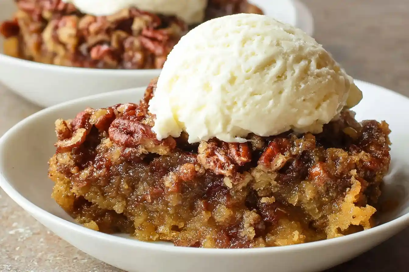 A warm slice of pecan pie cobbler in a white bowl, topped with a generous scoop of vanilla ice cream.