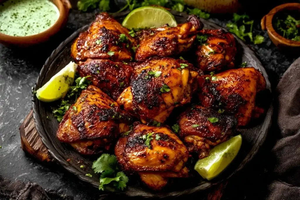 A dark platter filled with crispy, juicy roasted chicken thighs, garnished with fresh cilantro and bright lime wedges.
