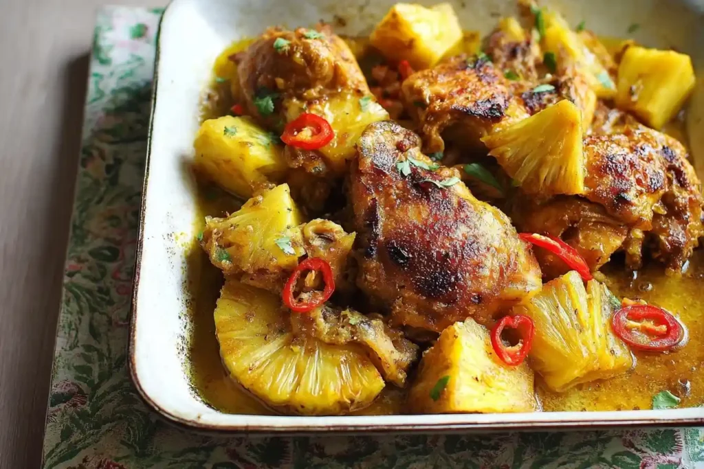 A close-up of Pineapple Chicken Curry in a white serving dish, featuring seared chicken thighs and pineapple chunks in a yellow sauce.