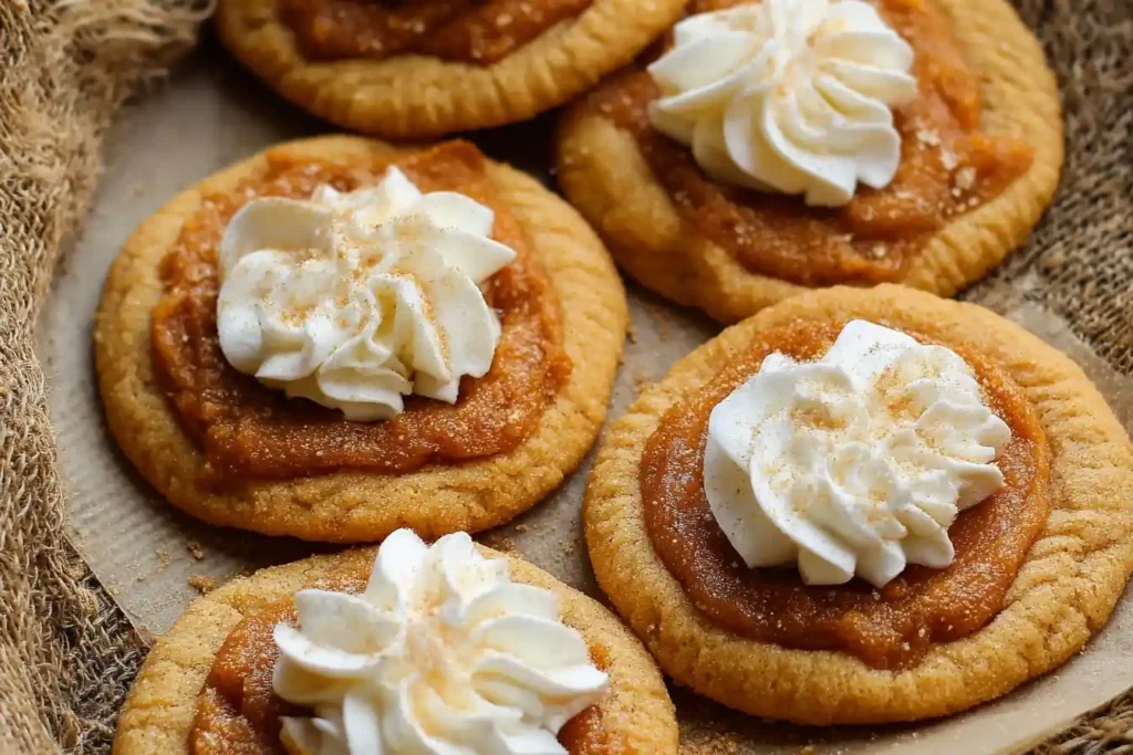 A close-up of several delicious pumpkin pie cookies topped with whipped cream and a sprinkle of spice on parchment paper.