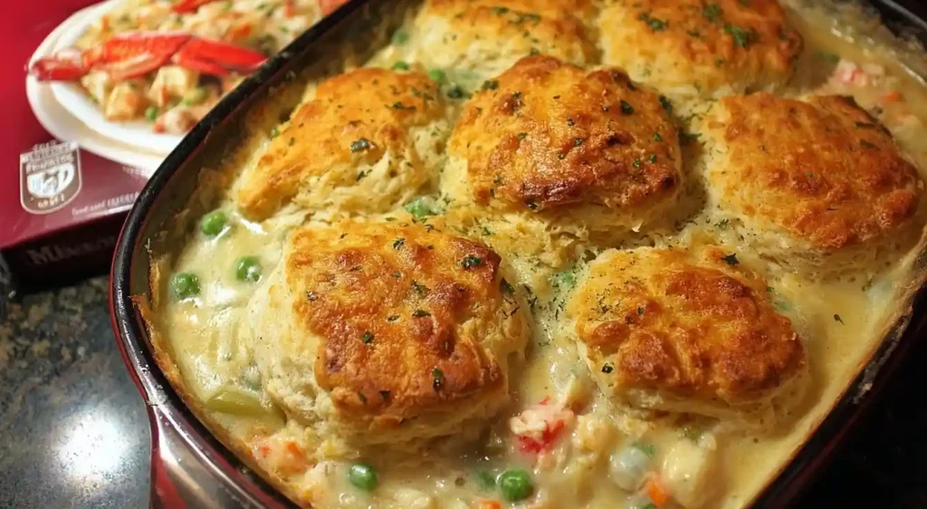 A warm, homemade Lobster Pot Pie fresh from the oven, featuring a golden biscuit topping over a creamy seafood filling.