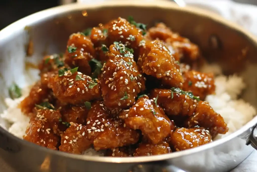 A close-up of a pan of homemade sesame chicken served over a bed of white rice, garnished with sesame seeds and fresh parsley.