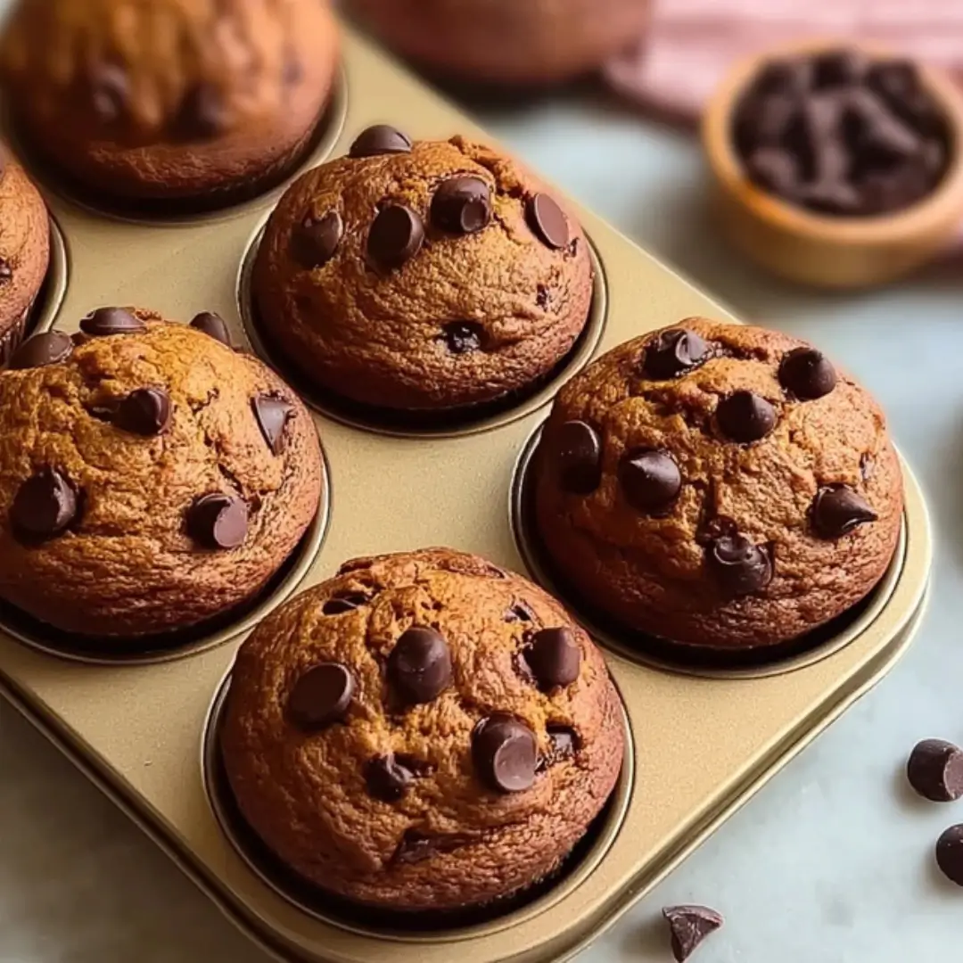 Golden-brown chocolate chip protein muffins baked in a gold muffin tin on a marble countertop.