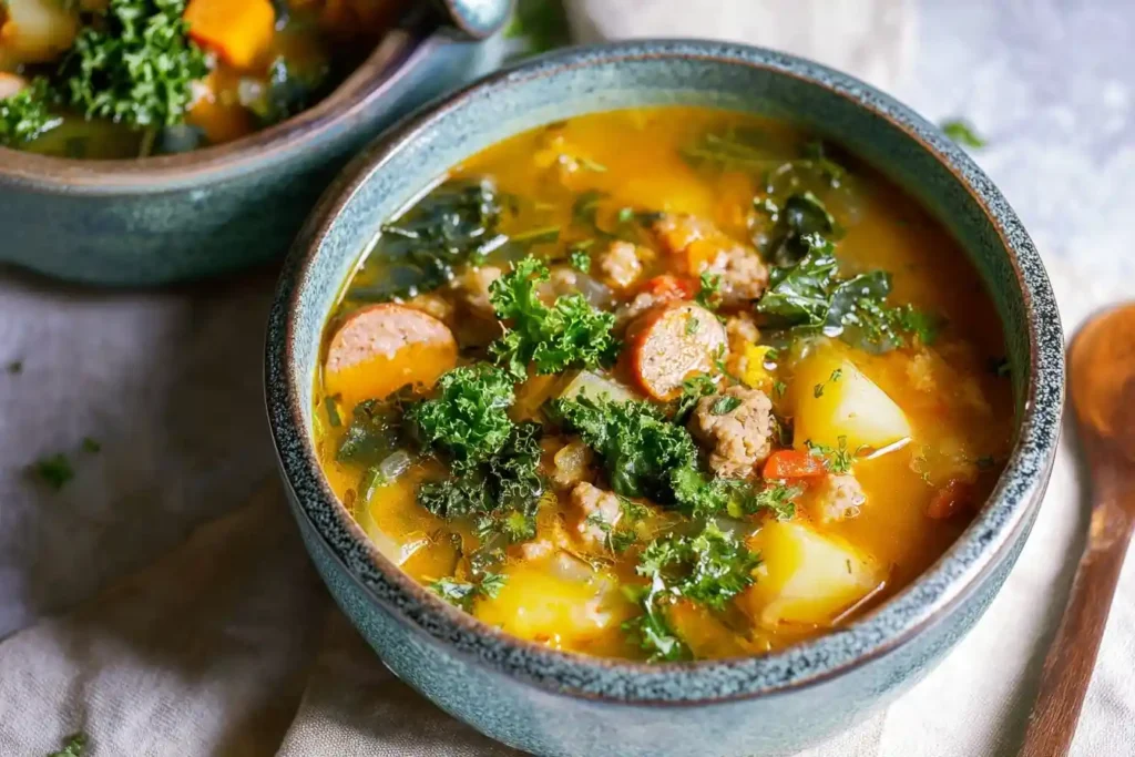 A rustic bowl filled with hearty {{ $('Fetch Recipe Data').first().json["Main Keyword"] }}, featuring potatoes, sausage, and a fresh kale garnish.