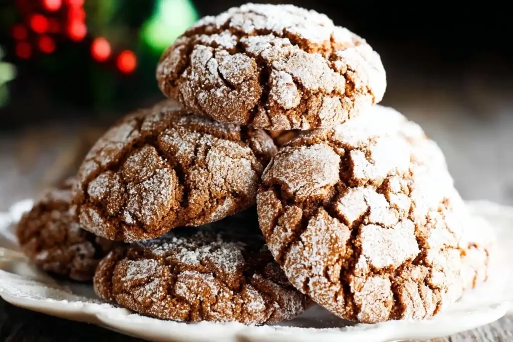A festive stack of chewy Gingerbread Crinkle Cookies dusted with powdered sugar on a decorative white plate.