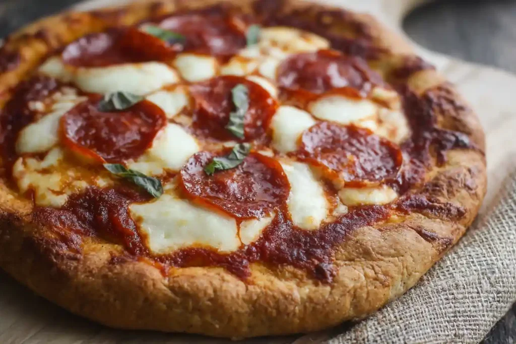 A freshly baked {{ $('Fetch Recipe Data').first().json["Main Keyword"] }} with melted mozzarella, pepperoni, and fresh basil on a thick crust.